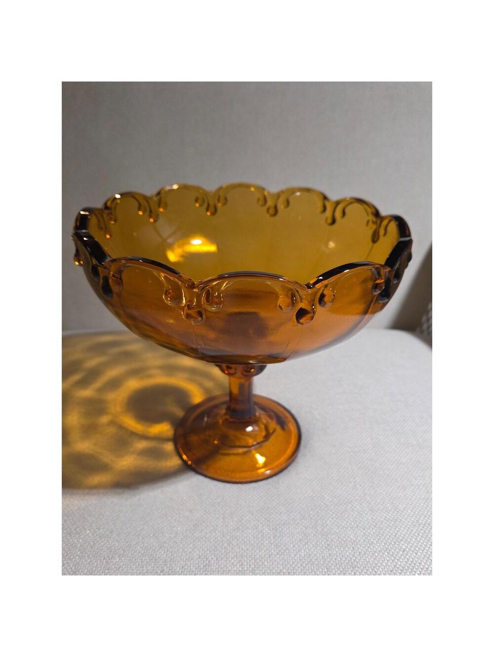 Vtg MCM Indiana Glass Amber Teardrop Pedestal Fruit Compote Bowl Candy Dish 8"